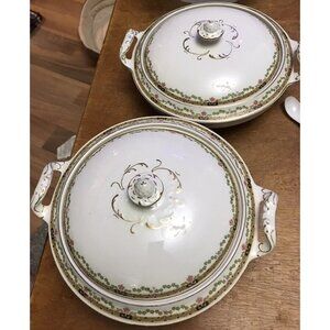 2 X Antique Alfred Meakin covered vegetable dishes with gold trim Eton Pattern